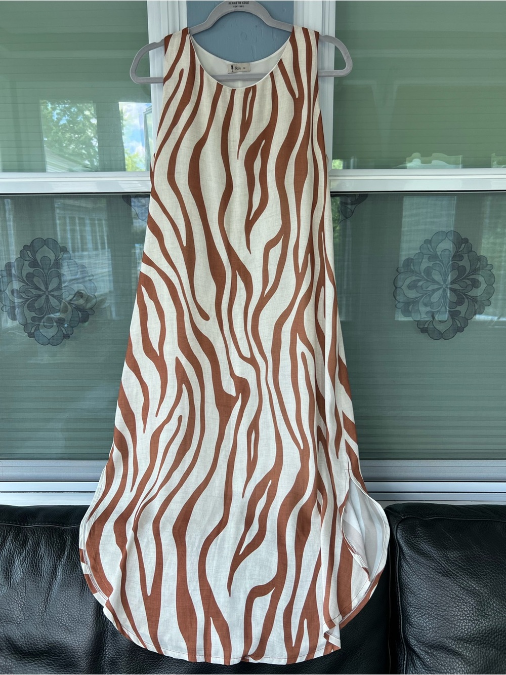 Sleeveless Zebra-Print Shift Dress in Cream and Brown